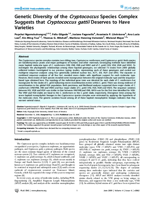(PDF) Genetic Diversity of the Cryptococcus Species Complex Suggests ...