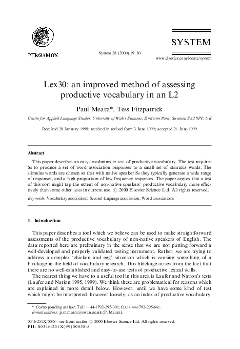 (PDF) Lex30: an improved method of assessing productive vocabulary in an L2
