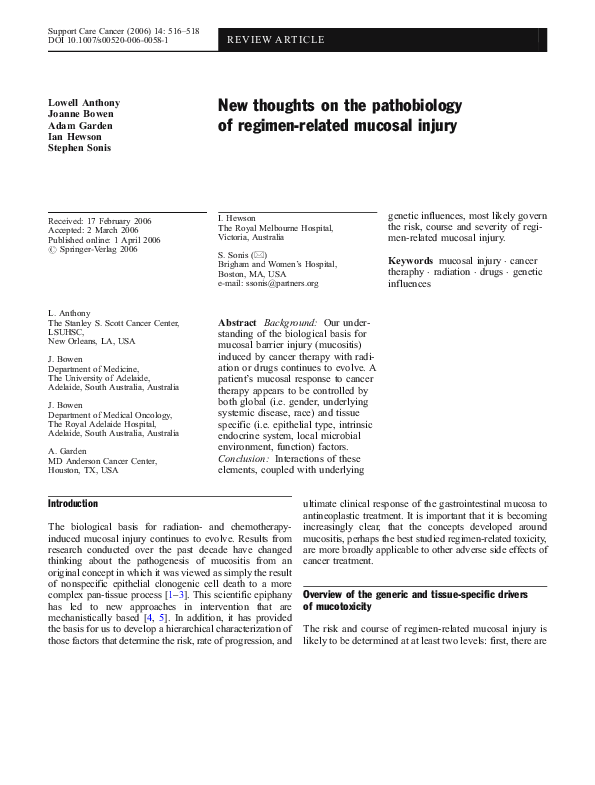 (PDF) New thoughts on the pathobiology of regimen-related mucosal injury