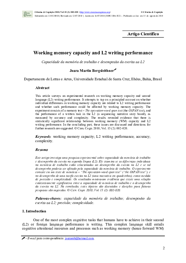 (PDF) Working memory capacity and L2 writing performance
