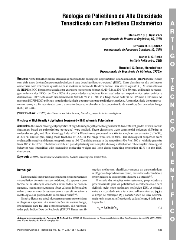 (PDF) Rheology of high density polyethylene toughened with elastomeric ...