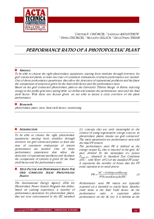 (PDF) Performance Ratio of a Photovoltaic Plant