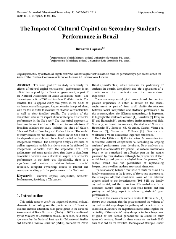 (PDF) The Impact of Cultural Capital on Secondary Student's Performance ...
