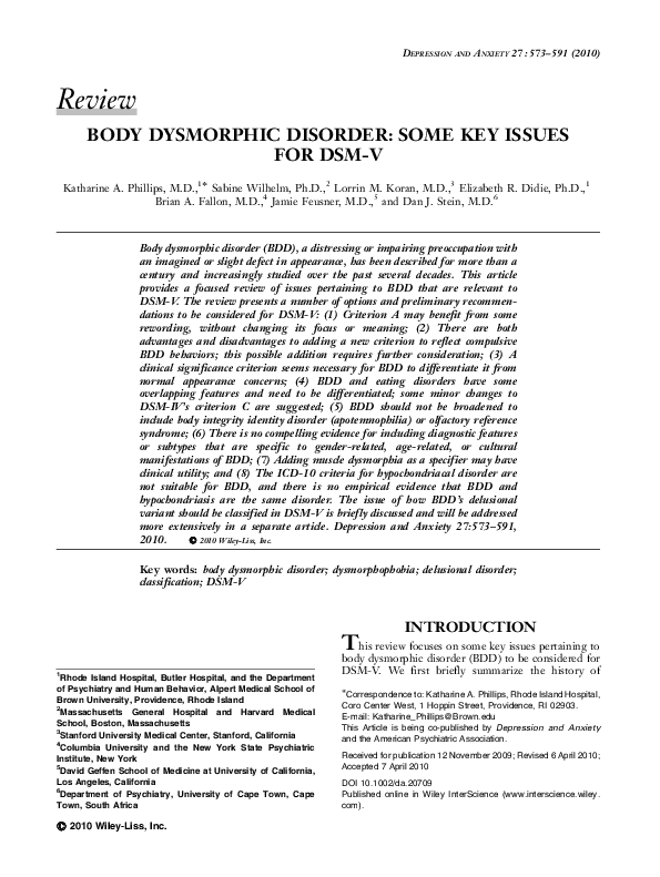 (PDF) Body dysmorphic disorder some key issues for DSMV Dan Stein