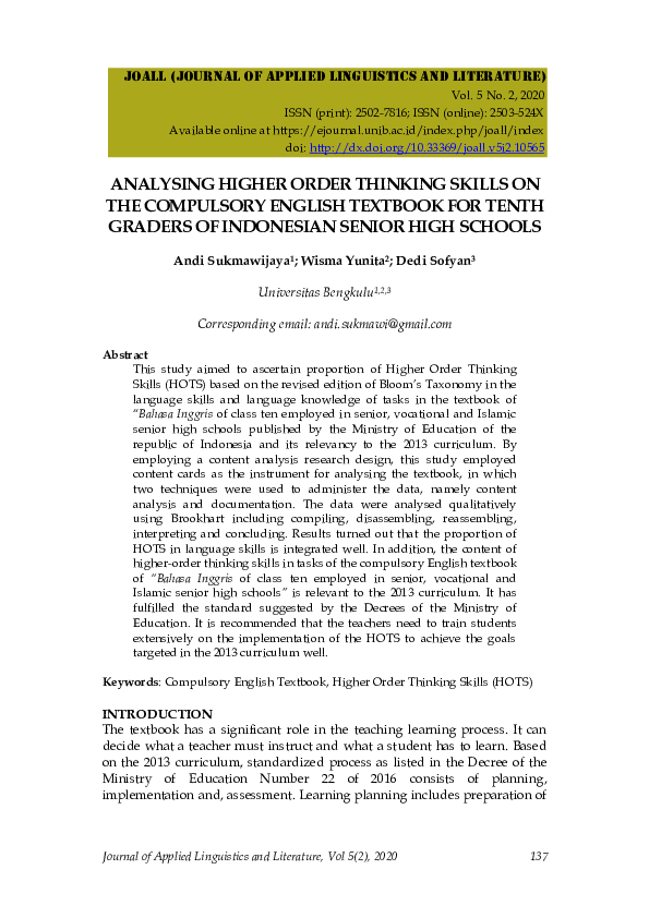 (PDF) Analysing Higher Order Thinking Skills on the Compulsory English ...