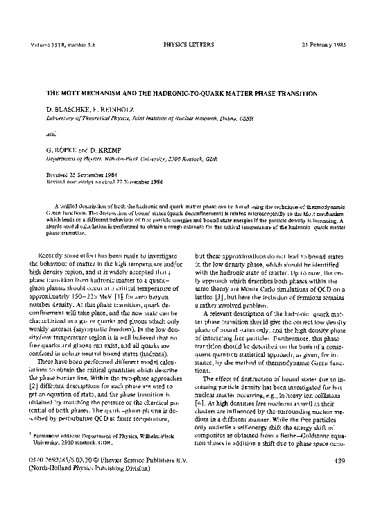 (PDF) The Mott mechanism and the hadronic-to-quark matter phase transition