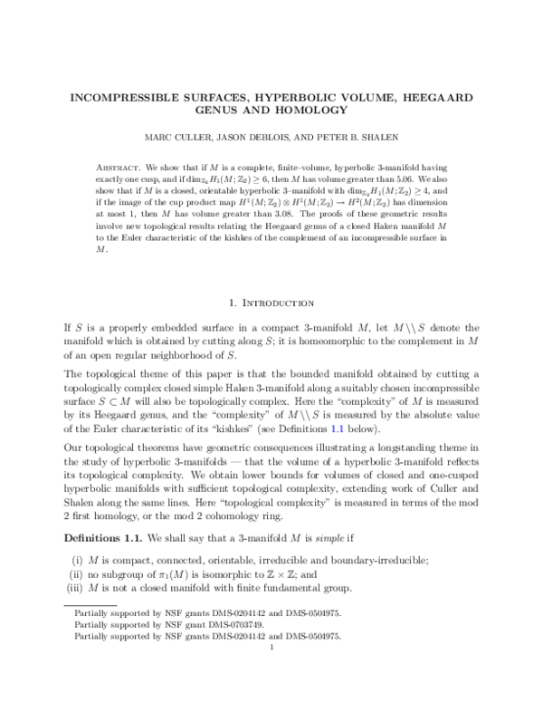 (PDF) Incompressible surfaces, hyperbolic volume, Heegaard genus and ...
