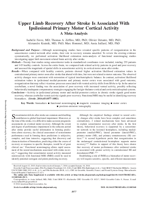 (PDF) Upper Limb Recovery After Stroke Is Associated With Ipsilesional ...