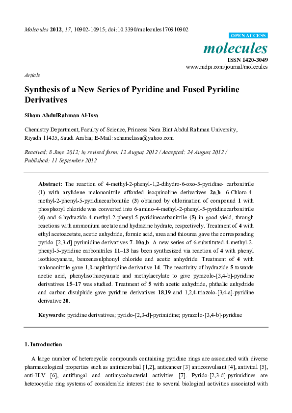 (PDF) Synthesis of a New Series of Pyridine and Fused Pyridine Derivatives