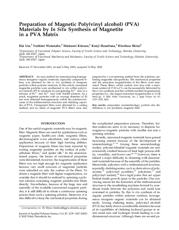 (PDF) Preparation of magnetic poly(vinyl alcohol) (PVA) materials by in ...