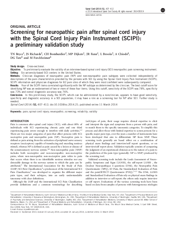 (PDF) Screening for neuropathic pain after spinal cord injury with the ...