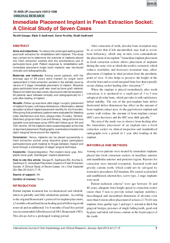 (PDF) Immediate Placement Implant in Fresh Extraction Socket: A ...