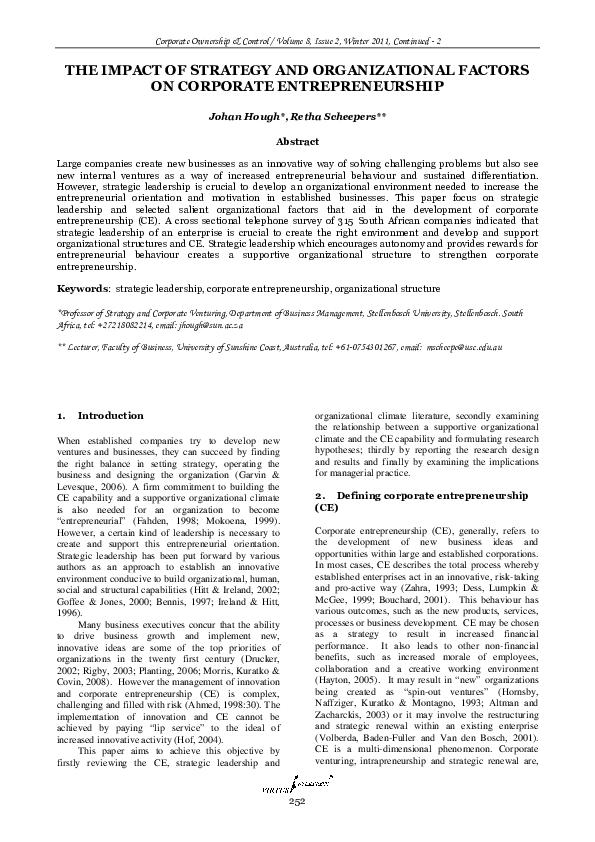 (PDF) The Impact of Strategy and Organizational Factors on Corporate ...