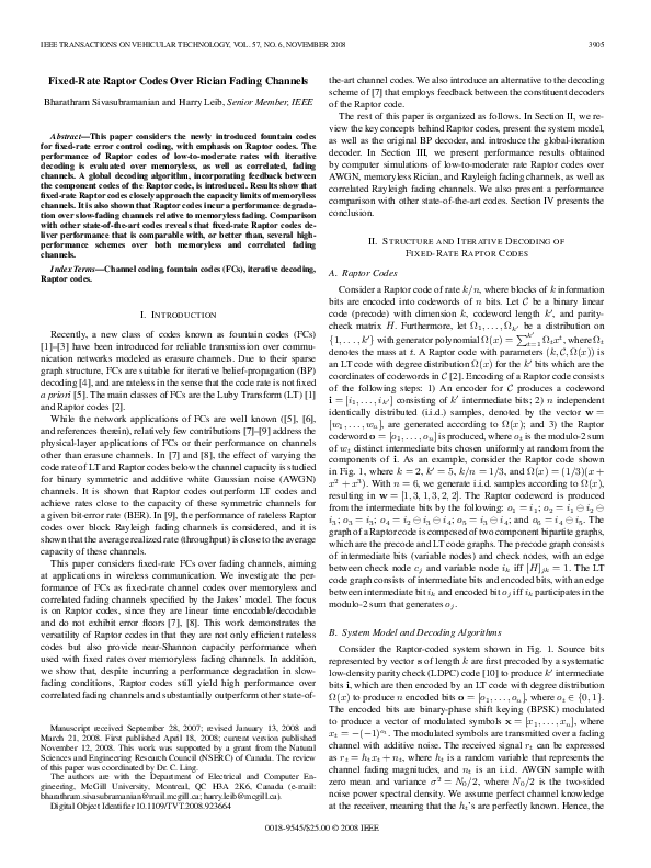 (PDF) Fixed-Rate Raptor Codes Over Rician Fading Channels