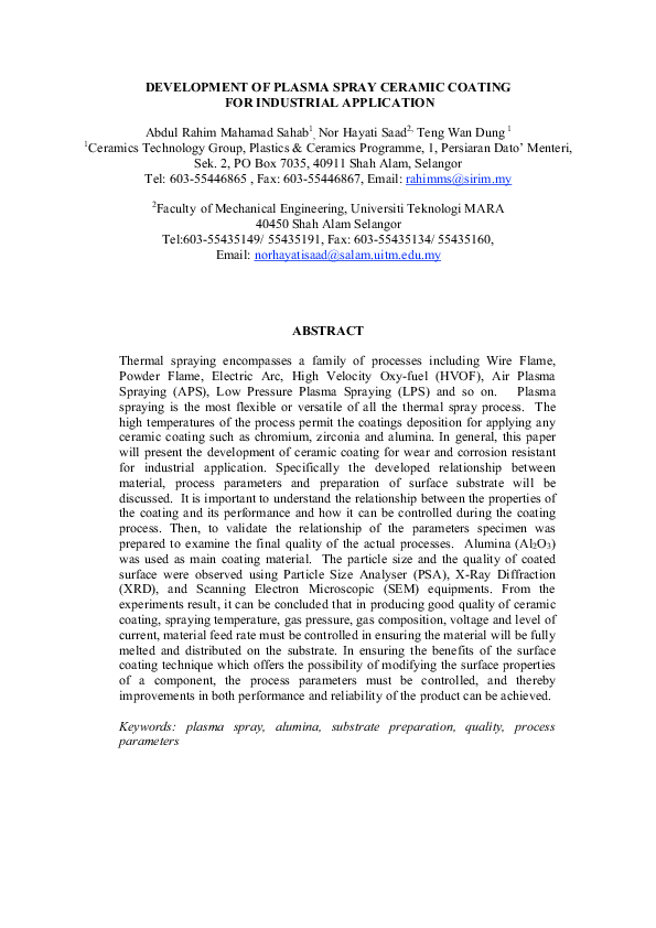 (PDF) Development of Plasma Spray Ceramic Coating for Industrial ...