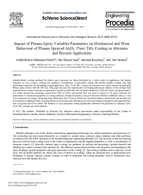 (PDF) Impact of Plasma Spray Variables Parameters on Mechanical and ...