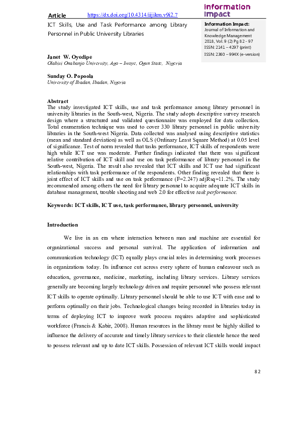 (PDF) ICT skills, use and task performance among library personnel in ...
