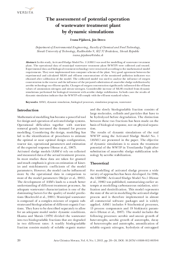 (PDF) The assessment of potential operation of wastewater treatment ...