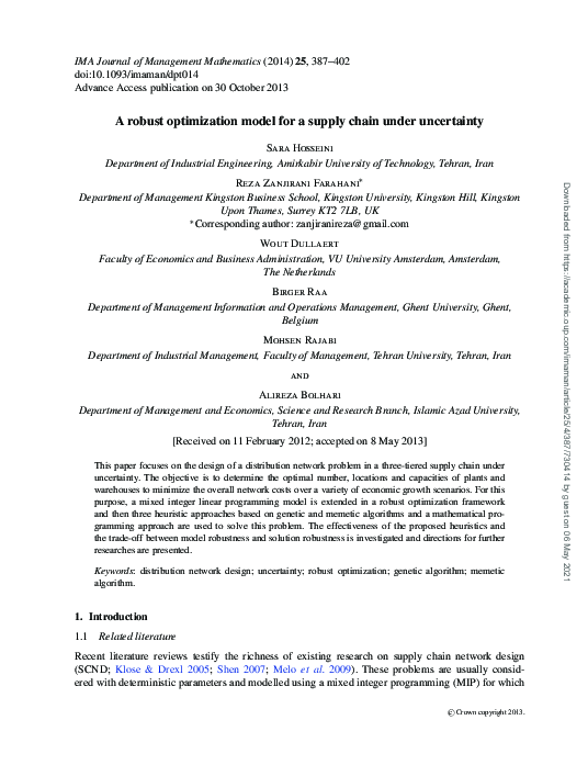 (PDF) A robust optimization model for a supply chain under uncertainty