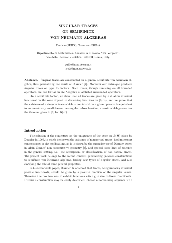 (PDF) Singular Traces on Semifinite von Neumann Algebras