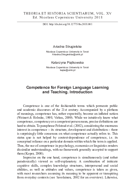 (PDF) Competence for Foreign Language Learning and Teaching. Introduction