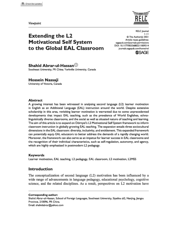 (PDF) Extending the L2 Motivational Self System to the Global EAL Classroom