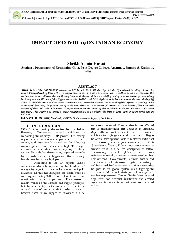 (PDF) Impact of COVID-19 on Indian Economy