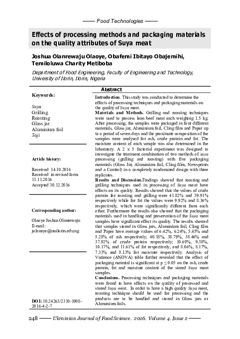 (PDF) Effects of processing methods and packaging materials on the ...