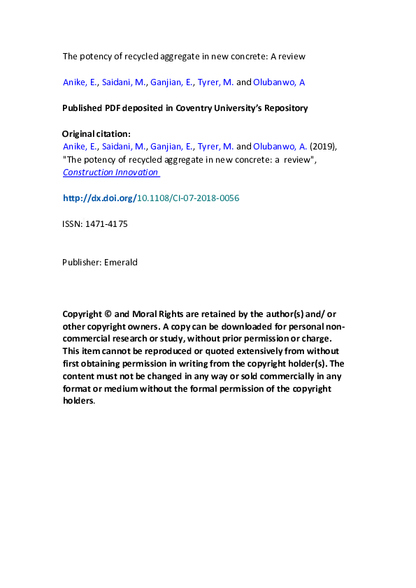 (PDF) The potency of recycled aggregate in new concrete: a review
