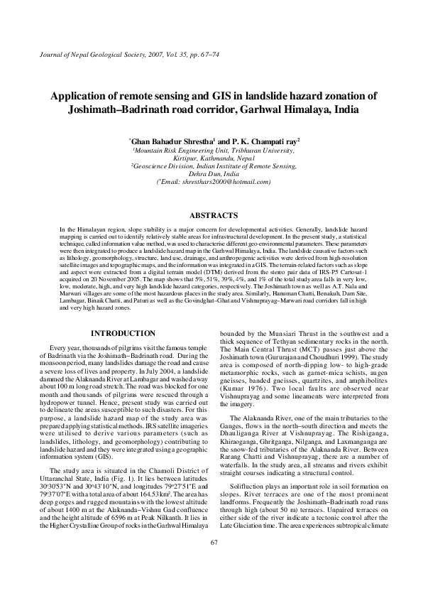 (PDF) Application of remote sensing and GIS in landslide hazard ...