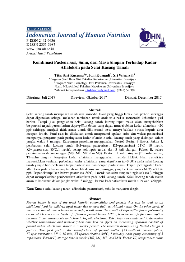 (PDF) Kombinasi Pasteurisasi, Suhu, dan Masa Simpan Terhadap Kadar