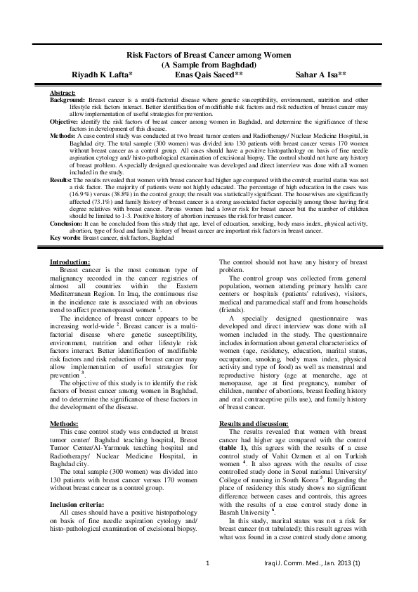 (PDF) Risk Factors of Breast Cancer among Women (A Sample from Baghdad)