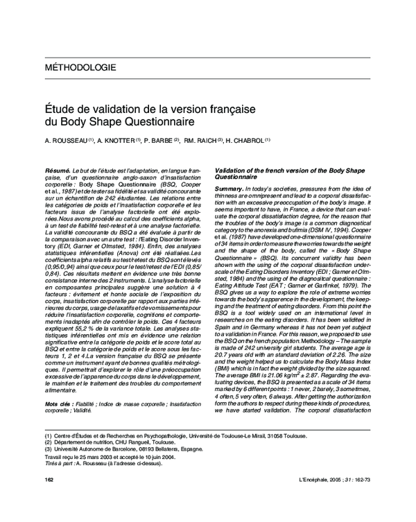 (PDF) [Validation of the French version of the Body Shape Questionnaire]