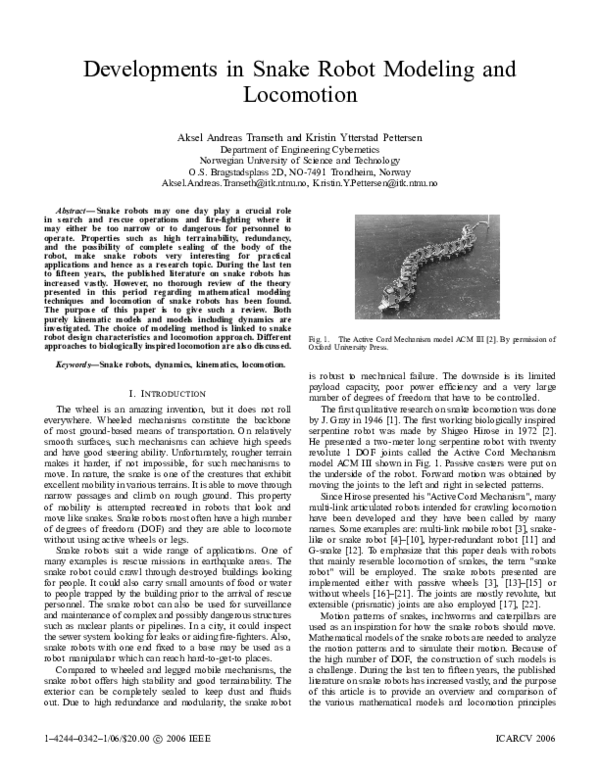 (PDF) Developments in Snake Robot Modeling and Locomotion
