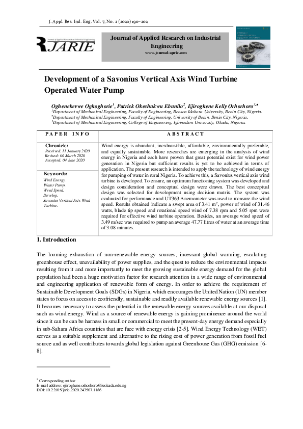 (PDF) Development of a Savonius Vertical Axis Wind Turbine
