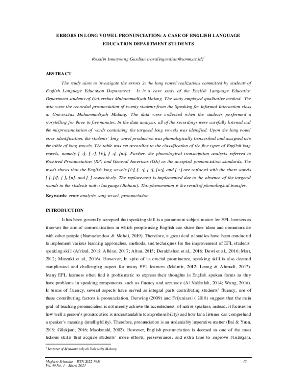 (PDF) ERRORS IN LONG VOWEL PRONUNCIATION: A CASE OF ENGLISH LANGUAGE ...