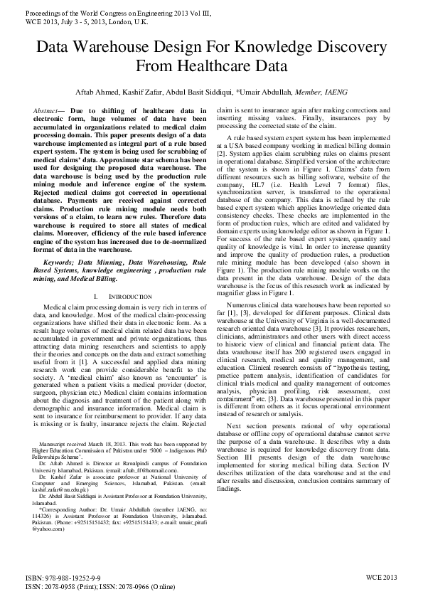 (PDF) Data Warehouse Design for Knowledge Discovery from Healthcare Data”