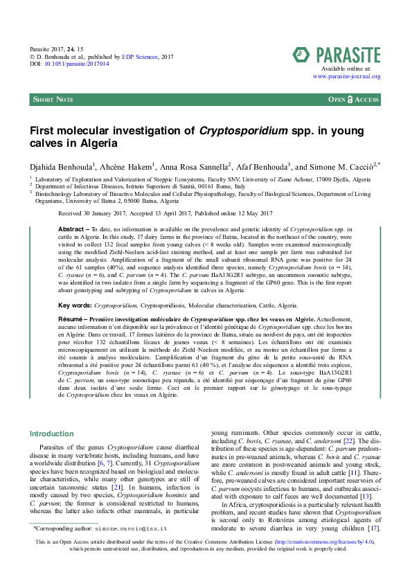 (PDF) First molecular investigation of Cryptosporidium spp. in young ...