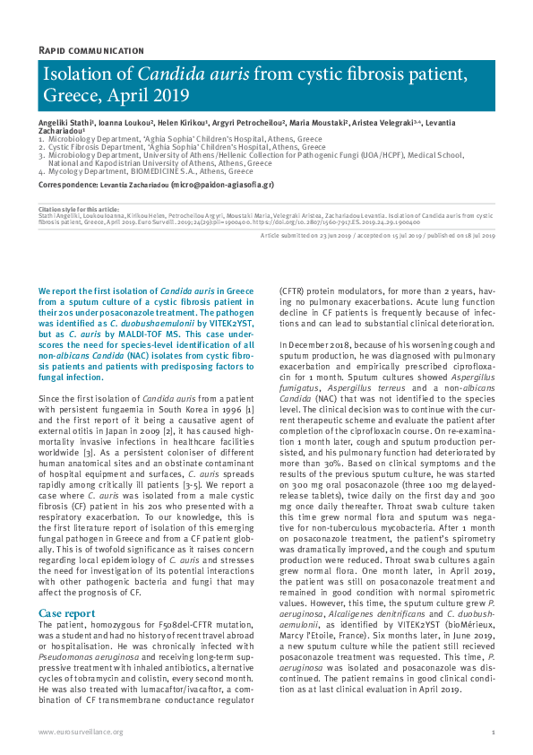 (PDF) Isolation of Candida auris from cystic fibrosis patient, Greece ...
