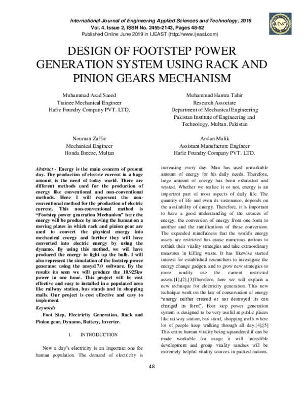 (PDF) Design of Footstep Power Generation System Using Rack and Pinion Gears Mechanism Arslan