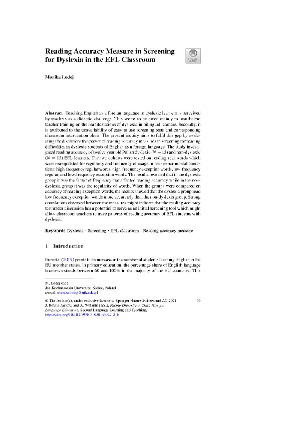 (DOC) Reading Accuracy Measure in Screening for Dyslexia in the EFL ...