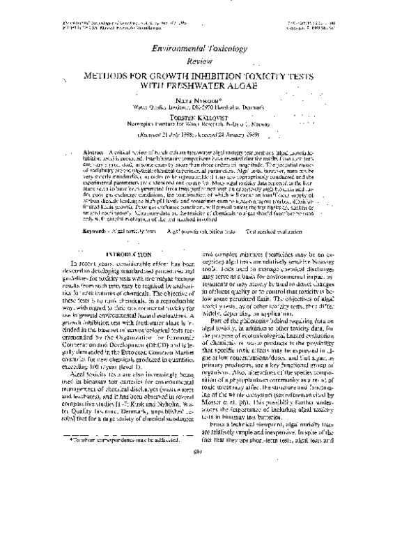 (PDF) Methods for Growth Inhibition Toxicity Tests with Freshwater Algae