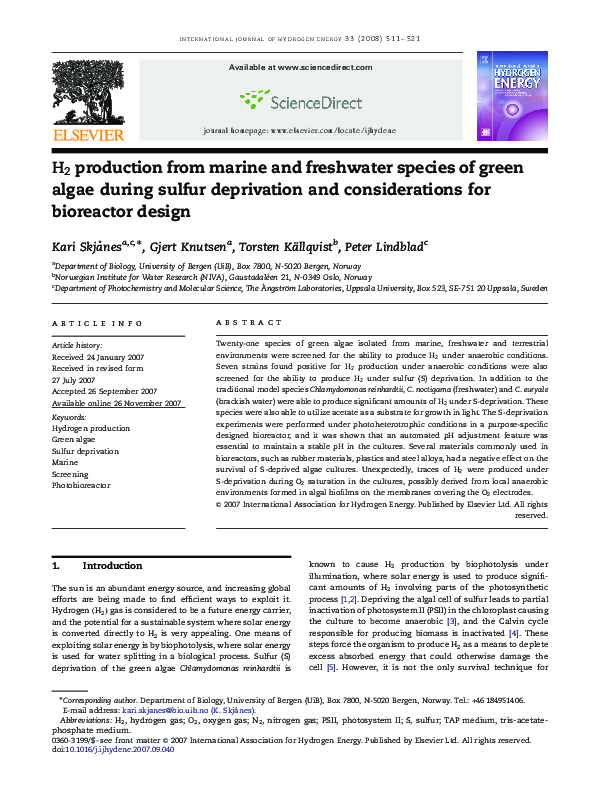 (PDF) H2H2 production from marine and freshwater species of green algae ...