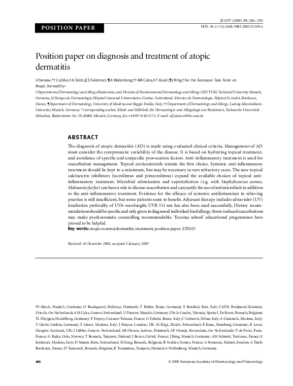 (PDF) Position paper on diagnosis and treatment of atopic dermatitis
