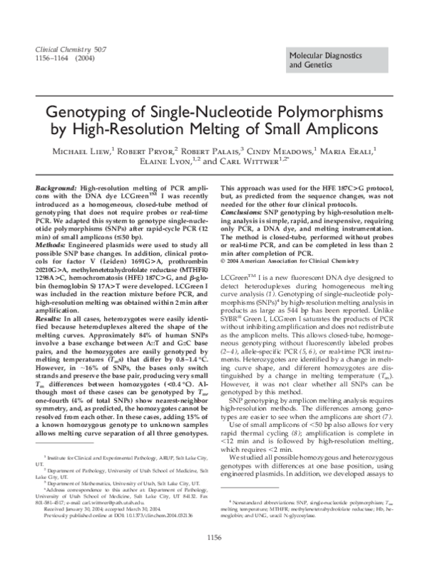 (PDF) Genotyping of Single-Nucleotide Polymorphisms by High-Resolution ...