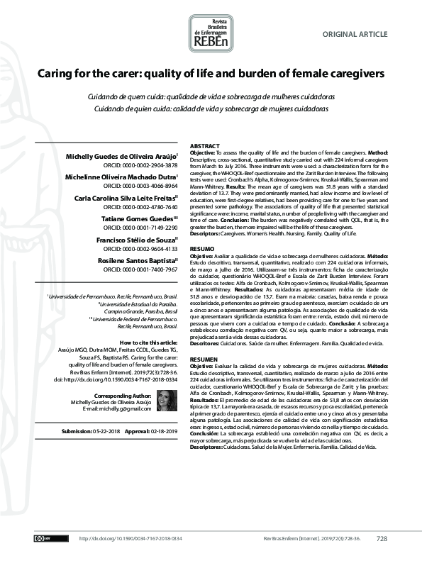 (PDF) Caring for the carer: quality of life and burden of female caregivers