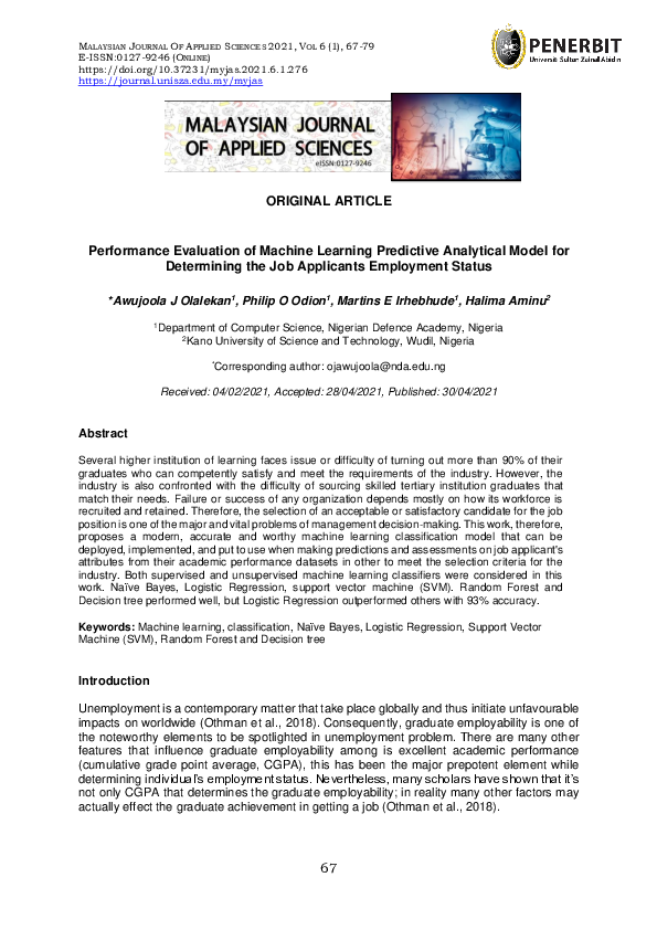 (PDF) Performance Evaluation of Machine Learning Predictive Analytical ...