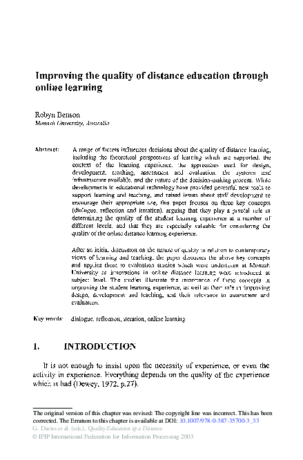 (PDF) Improving the quality of distance education through online learning