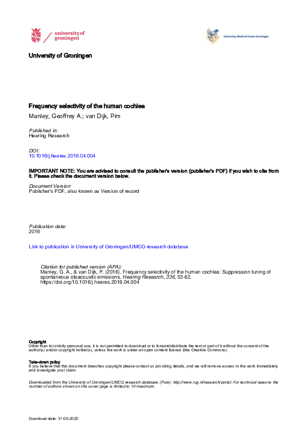 (PDF) Frequency selectivity of the human cochlea: Suppression tuning of ...
