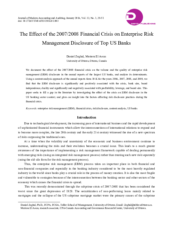 (PDF) The Effect of the 2007/2008 Financial Crisis on Enterprise Risk ...